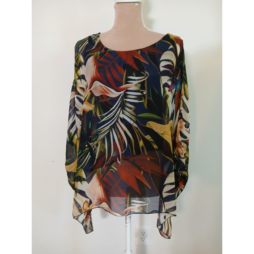 Belle France Medium Silk Tropical Floral Overlay Top Blue Made in Ital Lagenlook